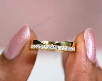 14K Solid Gold Chevron Wedding Band, V-Shape Curved Half Eternity Pave Moissanite Engagement Band Ring, Matching Stacking Bridal Ring