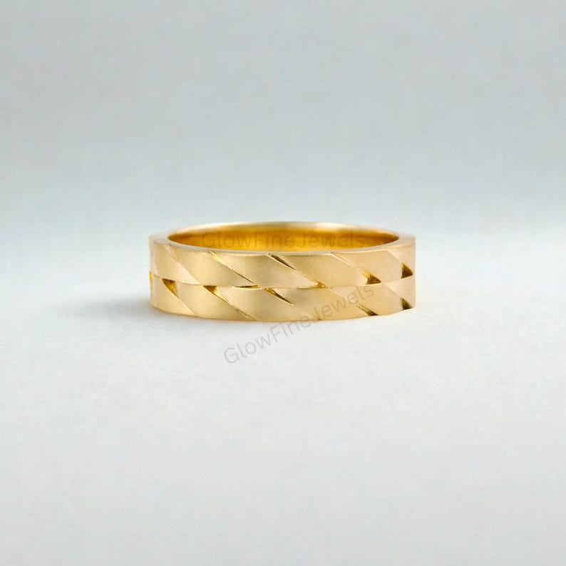 Faceted Gold Mans Wedding Band: 14k Yellow Gold Two Twines Diagonal Pattern Modern Everyday Wear Minimalist Statement Band Ring