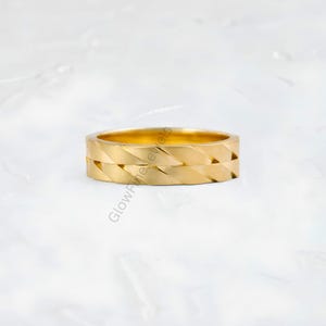 Faceted Gold Mans Wedding Band: 14k Yellow Gold Two Twines Diagonal Pattern Modern Everyday Wear Minimalist Statement Band Ring