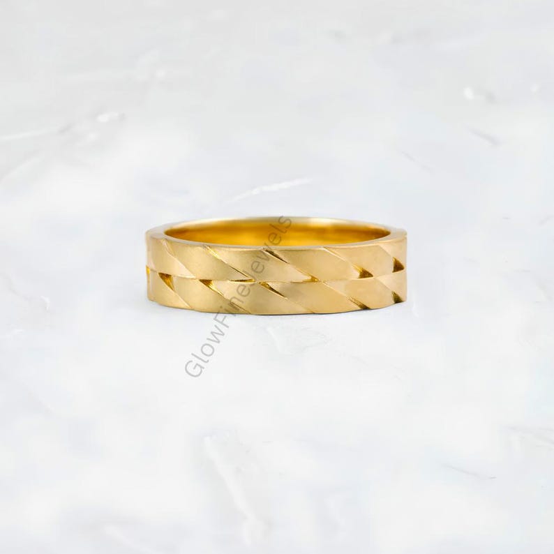 Faceted Gold Mans Wedding Band: 14k Yellow Gold Two Twines Diagonal Pattern Modern Everyday Wear Minimalist Statement Band Ring