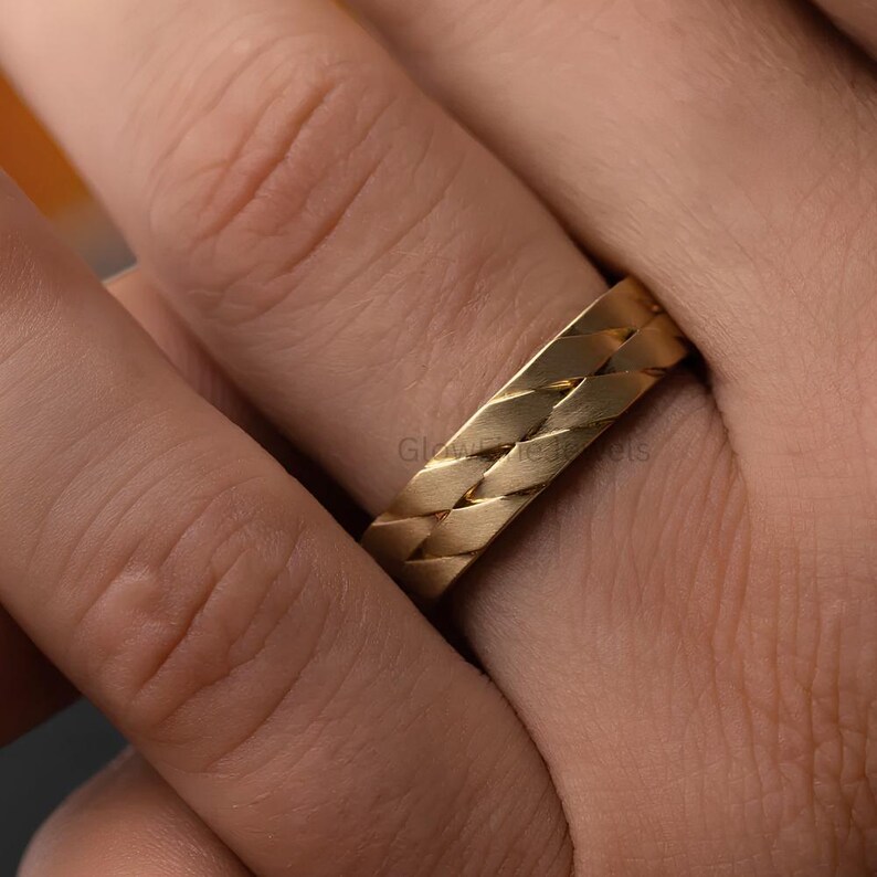 Faceted Gold Mans Wedding Band: 14k Yellow Gold Two Twines Diagonal Pattern Modern Everyday Wear Minimalist Statement Band Ring