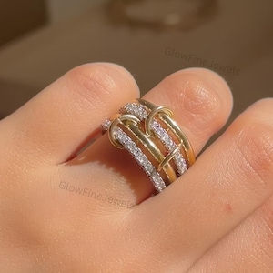 925 Silver Multi Link Connected Ring: Minimalist Chunky Full Eternity Pave Wedding Interlocking Band, Engagement Stacking Ring