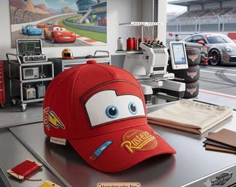 May include: A bright red baseball cap featuring the character Lightning McQueen from the movie Cars. The cap displays large white eyes on the front, a yellow lightning bolt on the side, and a Rust-eze logo on the brim. A small tag reads Handmade for Little Racers.