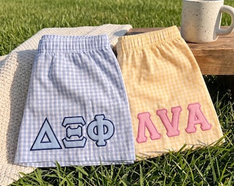 Custom Greek Letter Applique Plaid Shorts, Sorority Patch Letters Gingham Shorts, Big Little Reveal Gift, College Apparel,Personalized Greek
