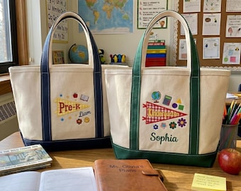 Bolso de mano de tela vichy bordado para la vuelta al cole, bolso de lona personalizado para preescolar, 1.º, 2.º, 3.º, 4.º y 5.º grado, ropa con apliques, regalos de agradecimiento para profesores.