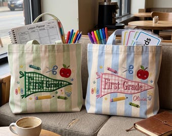 Bolso de mano bordado personalizado a rayas de cuadros vichy, lienzo personalizado con banderín para profesores, bolsos de tela con el espíritu escolar, prendas con apliques, regalos para equipos