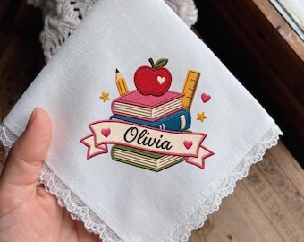 Personalized Teacher Handkerchief, Custom Name Embroidered Hanky, Lace-Trimmed Handkerchief, Back to School Gifts,Teacher Appreciation Gifts