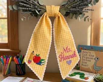Personalized Teacher Door Wreath Bow, Custom Name Wreath Sash, Back to School Gifts, Gift for Teacher, Classroom Decor Ribbon,Coquette Decor