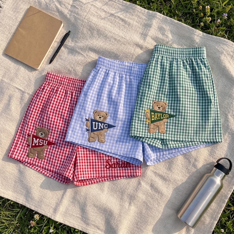 College Pennant Bear Embroidered Gingham Plaid Shorts, Custom University Shorts, School Spirit Shorts, College Student Gift, Game Day Apparel