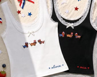 Embroidered Patriotic Dachshund Lace Tank Top, Custom Name Doxie Tee, 4th of July Dog Tank, USA Wiener Dog Gift,American Puppy Tank Top Gift