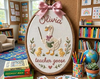 Aro de bordado personalizado con diseño de ganso para profesores, decoración adorable para el aula, regalos para profesores para la vuelta al cole, recuerdos personalizados de graduación y jubilación.