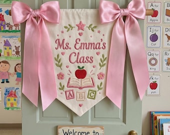 Banner personalizado para la clase del profesor, letrero bordado de Apple Book ABC para la pared del aula, regalo de regreso a clases, regalo para el primer día de clases, regalo para el profesor.