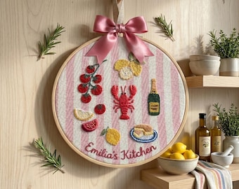 Custom Embroidered Wood Hoop, Coastal Postage Embroidered Keeepsakes, Lemon Lobster Embroidered Hoop, Personalized Wall Hanging,Summer Gifts