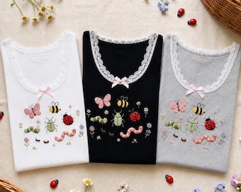 Embroidered Ladybug Tank Top, Cottagecore Insect Lace Tank Top, Cute Bug Lover Shirt, Y2k Nature Top, Garden Lover Gifts,Summer Insects Tops