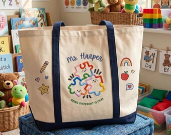 Bolso de lona personalizado para profesores de educación especial, bolso de mano con nombre bordado personalizado para concienciar sobre el autismo, regalo de educación especial "Ser diferente está bien"
