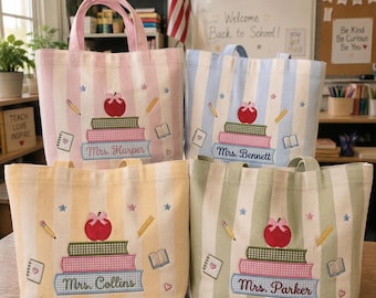 Bolso de mano bordado personalizado para profesoras, bolso de lona con nombres personalizados y pila de libros, bolsos bordados con manzanas, regalos de agradecimiento para la vuelta al cole.