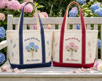Bolso de lona bordado floral personalizado para la madre de la novia, bolso de mano con bordado personalizado de hortensias, regalo para damas de honor, regalo para despedida de soltera.