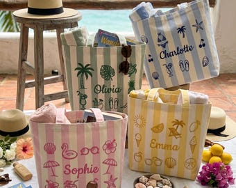 Bolso de mano de lona a rayas bordado personalizado, bolso de playa con monograma personalizado, regalo preppy para despedida de soltera, bolso grande de viaje para vacaciones, bolso costero