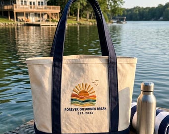 Bolso de mano bordado "Forever On Summer Break Retirement" (Siempre en vacaciones de verano), regalo de lona para profesor jubilado, bordado, bolso de mano de lona con nombre personalizado