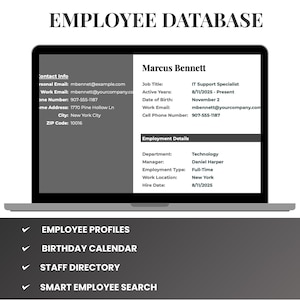May include: A laptop screen displays an employee database template. The screen shows contact and employment details for Marcus Bennett, including job title, email, and work location. Additional features include employee profiles, birthday calendar, staff directory, and smart employee search.