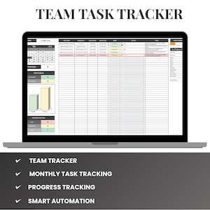 May include: A laptop displays a "Team Task Tracker" spreadsheet. The screen shows a calendar, task progress charts, and a detailed task list. Text includes "Personalize Settings | Custom Dashboard," "Team Tracker," "Monthly Task Tracking," "Progress Tracking," and "Smart Automation."