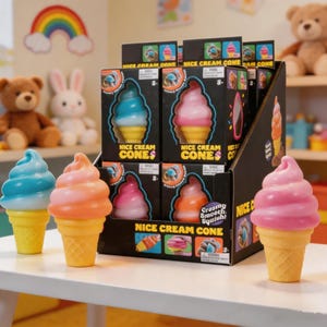 Puede incluir: Una caja expositora con varios juguetes blandos Nice Cream Cone, con tres juguetes individuales colocados delante. Los juguetes tienen bases amarillas con textura de gofre y partes superiores en espiral de colores azul, naranja y rosa.