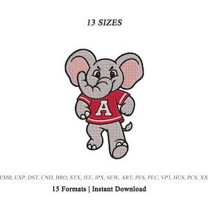 May include: An embroidery design featuring a gray cartoon elephant wearing a red shirt with a white letter A. The text 13 SIZES appears above the elephant, and the text EMB, EXP, DST, CND, BRO, STX, JEF, JPX, SEW, ART, PES, PEC, VP3, HUS, PCS, XXX 15 Formats | Instant Download appears below.