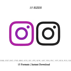 May include: Two embroidered Instagram logo icons, one in purple and one in black, featuring a rounded square outline and a central circle with a dot. The text 15 SIZES appears above, and 15 Formats | Instant Download with file extensions below.