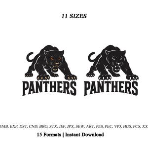May include: A digital embroidery design featuring two identical black panther illustrations in a crouching position with bared teeth and orange eyes. Below each panther is the text PANTHERS in a bold, arched font. Text includes 11 SIZES and 15 Formats | Instant Download, plus a list of file extensions.