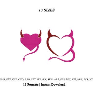 Peut inclure: Deux motifs de broderie numérique représentant des cœurs avec des cornes et des queues de diable. Un cœur est rose uni, l'autre est un contour rose et rouge foncé. Le texte indique 13 SIZES, 15 Formats, Instant Download et des extensions.