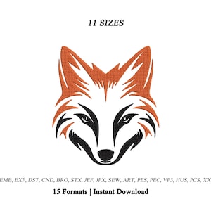 Puede incluir: Un diseño de bordado de una cabeza de zorro estilizada en naranja, blanco y negro. El texto 11 SIZES aparece sobre el zorro, y el texto EMB, EXP, DST, CND, BRO, STX, JEF, JPX, SEW, ART, PES, PEC, VP3, HUS, PCS, XXX 15 Formats | Instant Download debajo.