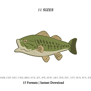 May include: An embroidery design of a green bass fish with tan fins and a white underbelly. The text 11 SIZES appears above the fish, and the text EMB, EXP, DST, CND, BRO, STX, JEF, JPX, SEW, ART, PES, PEC, VP3, HUS, PCS, XXX 15 Formats | Instant Download appears below.
