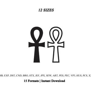 以下が含まれることがあります： 2つのアンクシンボルをあしらったデジタル刺繍デザイン。1つは黒の塗りつぶし、もう1つは黒の輪郭線で描かれています。上部に「12 SIZES」、下部に「EMB, EXP, DST, CND, BRO, STX, JEF, JPX, SEW, ART, PES, PEC, VP3, HUS, PCS, XXX 15 Formats | Instant Download」というテキストが記載されています。