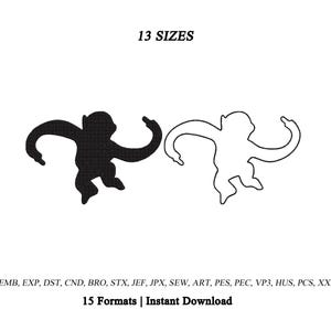 Puede incluir: Un diseño de bordado digital que presenta dos siluetas de mono, una negra sólida y otra con contorno blanco, con el texto 13 SIZES en la parte superior y 15 Formats | Instant Download junto con las extensiones EMB, EXP, DST, CND, BRO, STX, JEF, JPX, SEW, ART, PES, PEC, VP3, HUS, PCS, XXX en la parte inferior.
