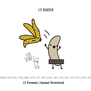 Könnte beinhalten: Ein Stickmuster mit einer gelben Bananenschale und einer beigen Bananenfigur mit einem schwarzen rechteckigen Balken in der Mitte. Der Text 13 SIZES steht oben, und der Text EMB, EXP, DST, CND, BRO, STX, JEF, JPX, SEW, ART, PES, PEC, VP3, HUS, PCS, XXX 15 Formats | Instant Download steht unten.
