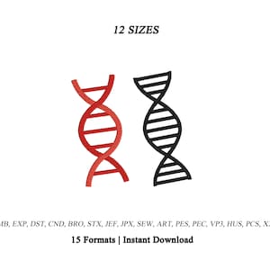 May include: Two DNA double helix icons, one red and one black, are displayed centrally. Above the icons, the text reads 12 SIZES. Below the icons, the text lists file formats EMB, EXP, DST, CND, BRO, STX, JEF, JPX, SEW, ART, PES, PEC, VP3, HUS, PCS, XXX, followed by 15 Formats | Instant Download.