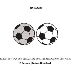 May include: Two black and white soccer ball embroidery designs. The text at the top reads 10 SIZES. The text at the bottom reads EMB, EXP, DST, CND, BRO, STX, JEF, JPX, SEW, ART, PES, PEC, VP3, HUS, PCS, XXX and 15 Formats | Instant Download.