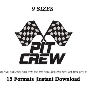 Może przedstawiać: Czarno-białe szachownice wyścigowe nad słowami "PIT CREW" pogrubioną czcionką. Tekst "9 ROZMIARÓW" znajduje się nad flagami, a "15 Formaty | Natychmiastowe pobieranie" poniżej. Dołączona jest również lista formatów plików.