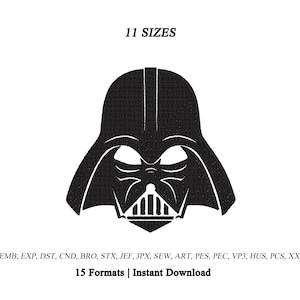 May include: A black embroidered graphic of a helmeted character mask. The text 11 SIZES appears above the graphic. Below the graphic, the text reads EMB, EXP, DST, CND, BRO, STX, JEF, JPX, SEW, ART, PES, PEC, VP3, HUS, PCS, XXX and 15 Formats | Instant Download.