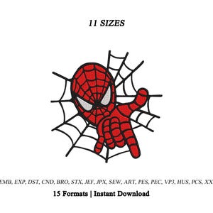 May include: An embroidery design featuring a red and black masked character with white eyes, positioned in front of a black spider web. The text 11 SIZES appears at the top, and 15 Formats | Instant Download with file extensions at the bottom.