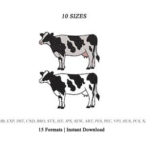 Può includere: Un disegno per ricamo con due mucche bianche e nere di profilo, una con ombreggiatura grigia e una con riempimento bianco. Il testo recita 10 SIZES, 15 Formats | Instant Download, e un elenco di estensioni file: EMB, EXP, DST, CND, BRO, STX, JEF, JPX, SEW, ART, PES, PEC, VP3, HUS, PCS, XXX.
