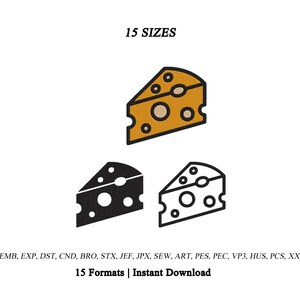 Puede incluir: Un diseño de bordado digital con tres iconos de cuñas de queso: una amarilla con contornos marrones, una negra sólida y una blanca con contornos negros. El texto dice 15 SIZES y enumera 15 formatos incluyendo EMB, EXP, DST, CND, BRO, STX, JEF, JPX, SEW, ART, PES, PEC, VP3, HUS, PCS, XXX.