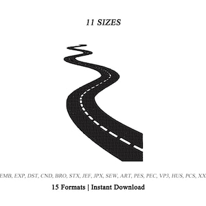 Pode incluir: Um design de bordado preto de uma estrada sinuosa com uma linha central branca tracejada. O texto 11 SIZES aparece no topo, e o texto EMB, EXP, DST, CND, BRO, STX, JEF, JPX, SEW, ART, PES, PEC, VP3, HUS, PCS, XXX 15 Formats | Instant Download aparece abaixo.