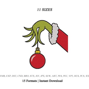Stickvorlage: Grinch-Hand mit Weihnachtsschmuck | Stickdatei: Grinch-Hand | Weihnachtsstickerei | Stickerei: Gestohlener Weihnachtsschmuck