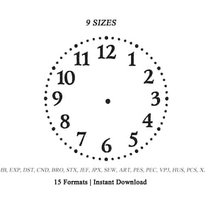 Motif de broderie de cadran d'horloge | Motif de broderie machine horloge | Horloge murale brodée | Broderie de numéros d'horloge | Mini cadran | 9 tailles