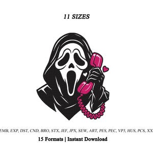 Op de afbeelding: Een digitaal borduurontwerp met een zwart-witte figuur met capuchon en masker die een roze telefoonhoorn met krulsnoer en twee kleine roze hartjes vasthoudt. Tekst bevat 11 SIZES, 15 Formats | Instant Download en diverse bestandsextensies.