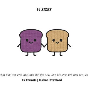 Puede incluir: Un diseño de bordado con dos personajes de pan tostado tomados de la mano. Una pieza es morada y la otra es color canela. Ambos tienen ojos negros y una boca sonriente. El texto indica 14 SIZES, 15 Formats | Instant Download y los formatos EMB, EXP, DST, CND, BRO, STX, JEF, JPX, SEW, ART, PES, PEC, VP3, HUS, PCS, XXX.