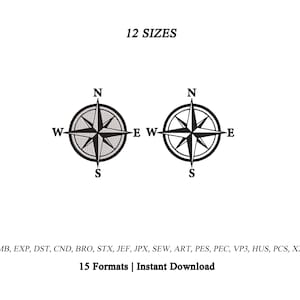以下が含まれることがあります： N、S、E、Wの方位を示す2つの黒いコンパスローズのアイコンが描かれたデジタル画像。上部に「12 SIZES」というテキストがあり、下部には「EMB, EXP, DST, CND, BRO, STX, JEF, JPX, SEW, ART, PES, PEC, VP3, HUS, PCS, XXX」および「15 Formats | Instant Download」というテキストが表示されています。
