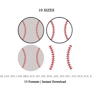 Puede incluir: Un diseño de bordado digital con gráficos de béisbol con costuras rojas. La imagen muestra el texto 10 SIZES y 15 Formats | Instant Download, junto con las extensiones de archivo: EMB, EXP, DST, CND, BRO, STX, JEF, JPX, SEW, ART, PES, PEC, VP3, HUS, PCS, XXX.