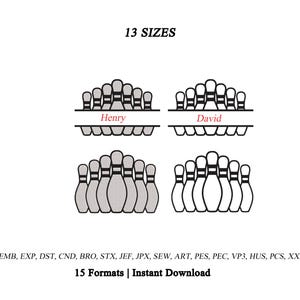 Può includere: Un disegno per ricamo digitale con quattro disposizioni di birilli da bowling. Due disegni includono una linea di divisione orizzontale con i nomi Henry e David in testo rosso. Il testo 13 SIZES e 15 Formats | Instant Download appare con estensioni.